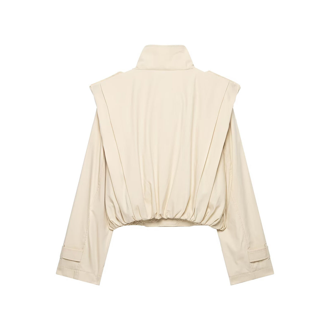 Damen Kurzer Doppelreihiger Trenchblouson mit Stehkragen, Epauletten und elastischem Saum Nord Taschen
