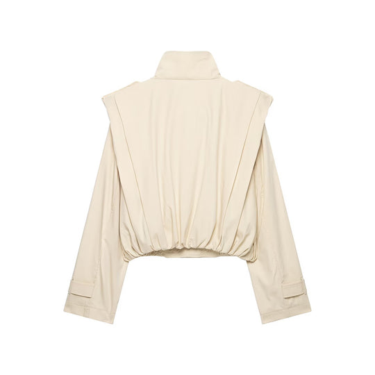 Damen Kurzer Doppelreihiger Trenchblouson mit Stehkragen, Epauletten und elastischem Saum Nord Taschen