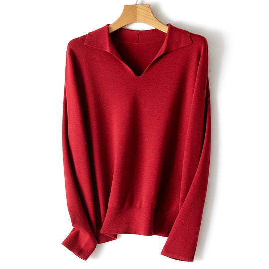 Damen feiner leichter V-Ausschnitt-Pullover mit offenem Hemdkragen und legerer Silhouette Nord Taschen