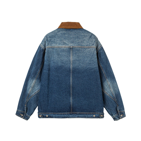 Damen Oversize-Denimjacke mit Velourslederkragen, verdecktem Reißverschluss und markanten Einstecktaschen Nord Taschen