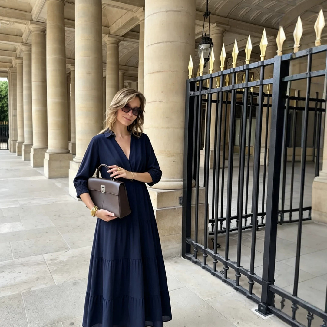 Damen Midikleid im Stufen-Look mit Hemdkragen, V‑Ausschnitt und geraffter Taillennaht Nord Taschen