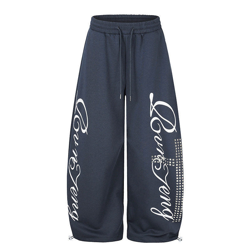 Damen Palazzo-Sweatpants im Culotte-Stil mit hohem Bund, Tunnelzug, Schriftprint und Strassbesatz Nord Taschen