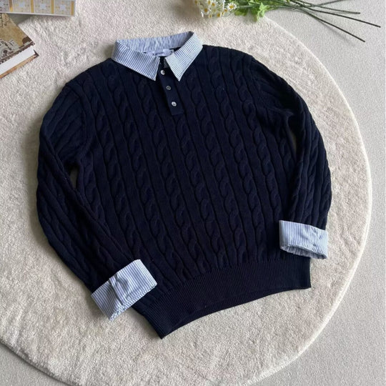 Damen Modischer Grobstrickpullover mit attraktivem Hemdkragen Nord Taschen