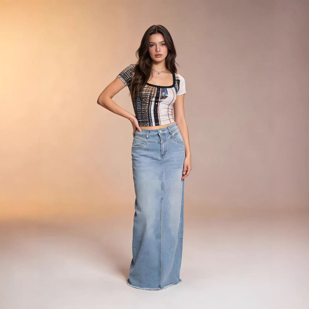 Damen langer High-Waist Denim-Maxirock mit gerader Silhouette und rohem Saum Nord Taschen