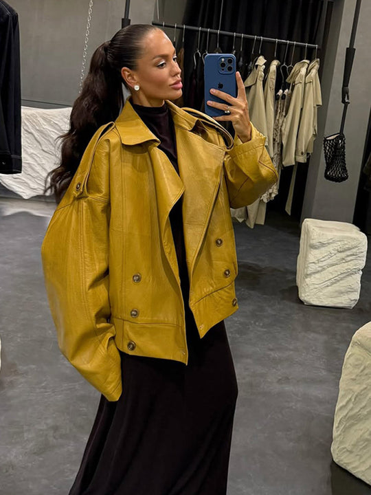 Damen Oversize Lederjacke mit voluminösen Ballonärmeln und kurzer Boxy-Silhouette Nord Taschen