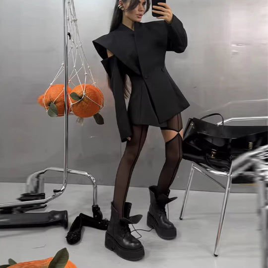 Damen 600+ ärmelloser taillierter Blazer mit weitem Schalkragen und doppelreihiger Knopfleiste Nord Taschen