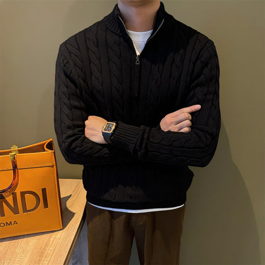 Herren Zopfstrick-Halbzip-Pullover mit Stehkragen Nord Taschen