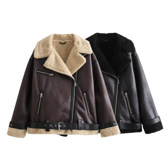 Damen Fliegerjacke im Bikerstil mit Teddyfutter, Kunstlederbesatz und Taillengürtel Nord Taschen