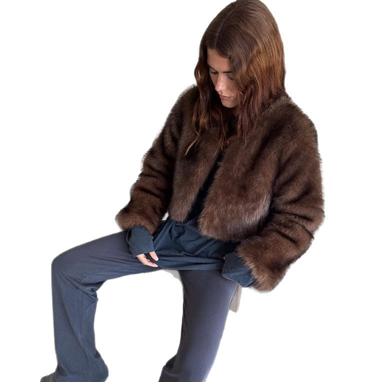 Damen Cropped Kunstpelz-Bolero mit kastiger Silhouette und Trompetenärmeln Nord Taschen