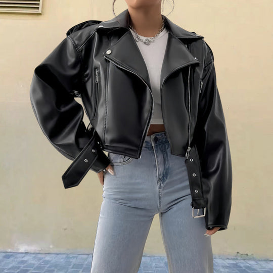 Damen modische Kunstlederjacke im Biker-Stil mit strukturiertem Design - Vittorelli