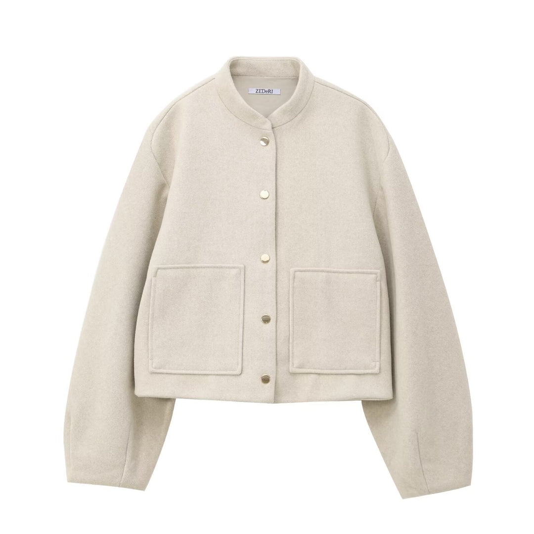 Damen Cropped Wollmix‑Jacke im Boxy‑Schnitt mit Stehkragen und aufgesetzten Taschen Nord Taschen