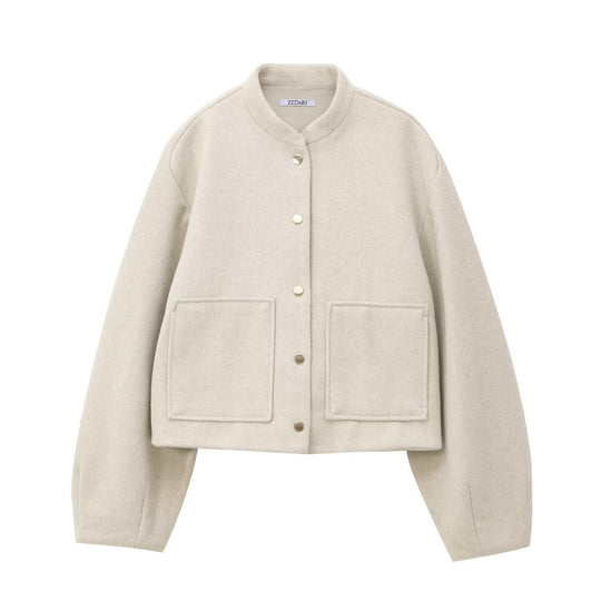 Damen Cropped Wollmix‑Jacke im Boxy‑Schnitt mit Stehkragen und aufgesetzten Taschen Nord Taschen