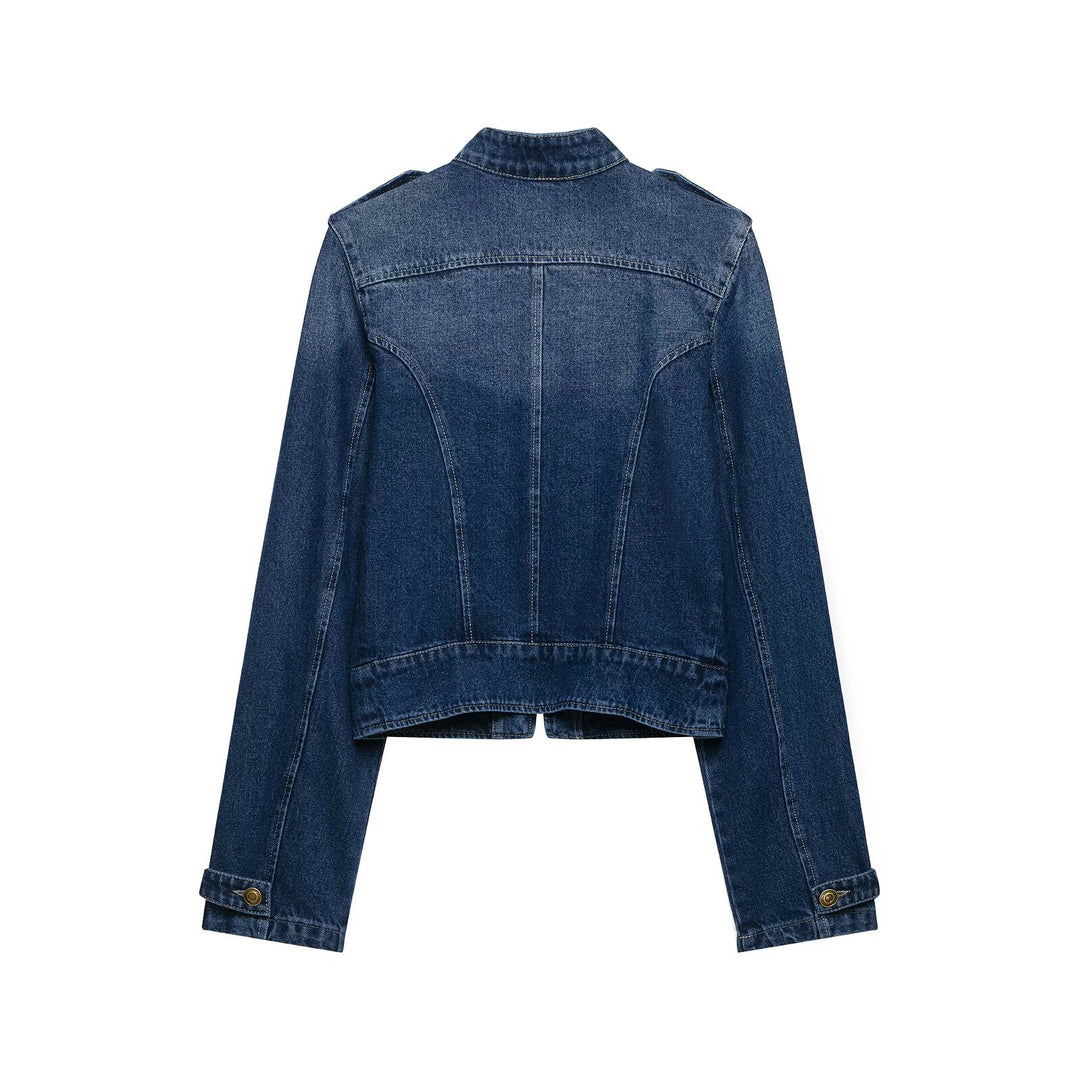 Damen Kurz geschnittene Jeansjacke im Military‑Stil mit Stehkragen Nord Taschen