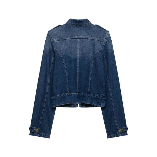 Damen Kurz geschnittene Jeansjacke im Military‑Stil mit Stehkragen Nord Taschen