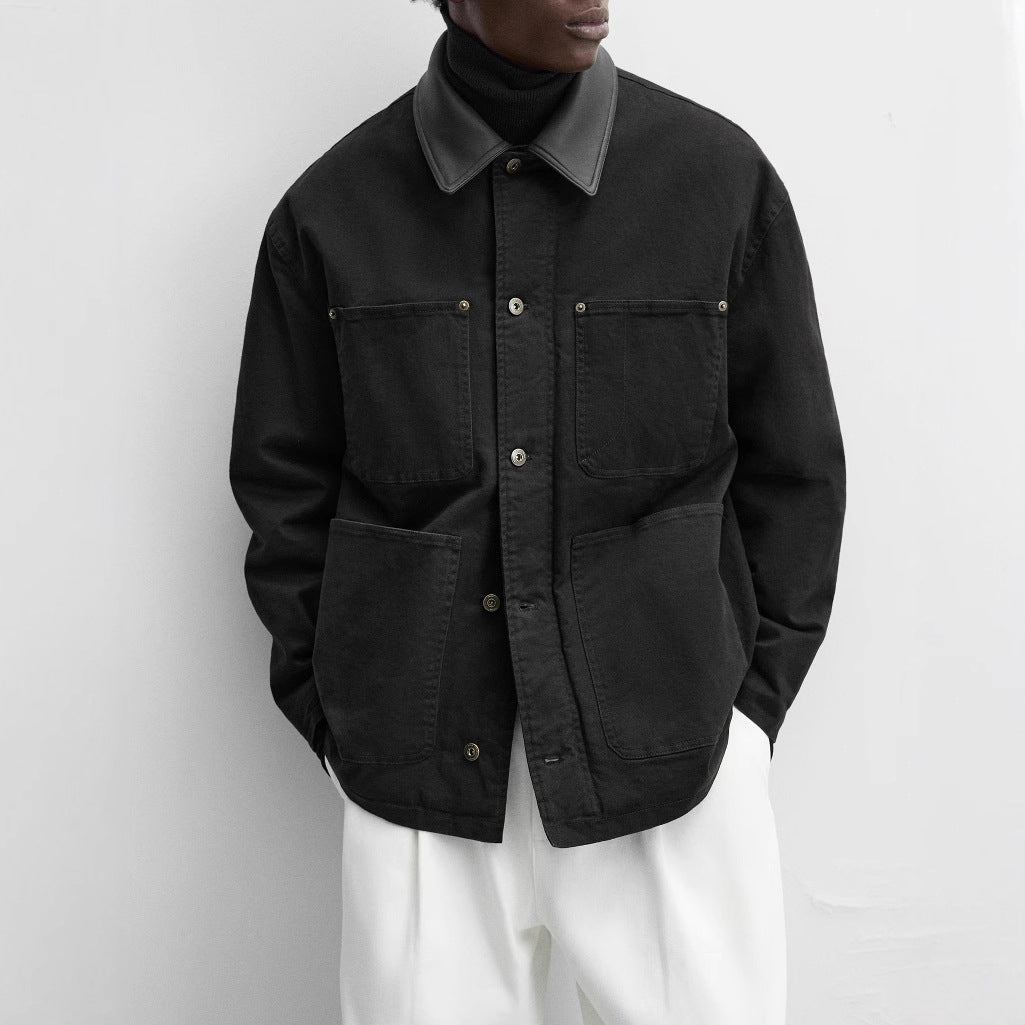 Herren Boxy-Chorejacke aus Canvas mit kontrastierendem Lederkragen und vier aufgesetzten Taschen Nord Taschen
