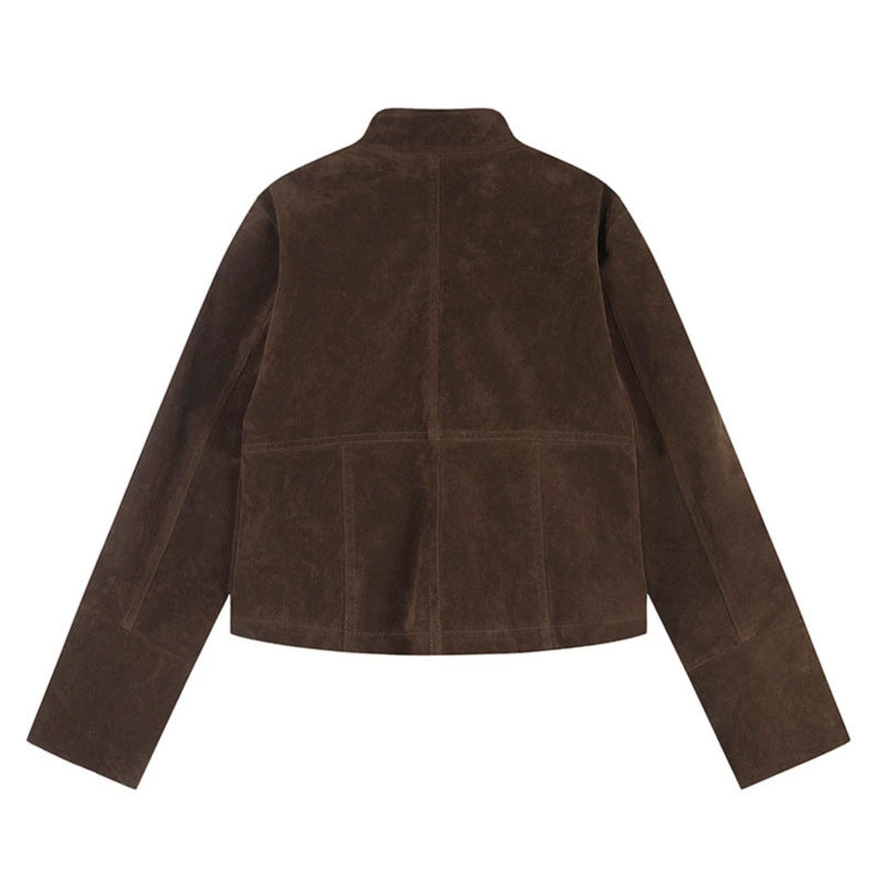 Damen kurze Wildleder-Utilityjacke mit Stehkragen, Mehrfachtaschen und Reißverschluss Nord Taschen