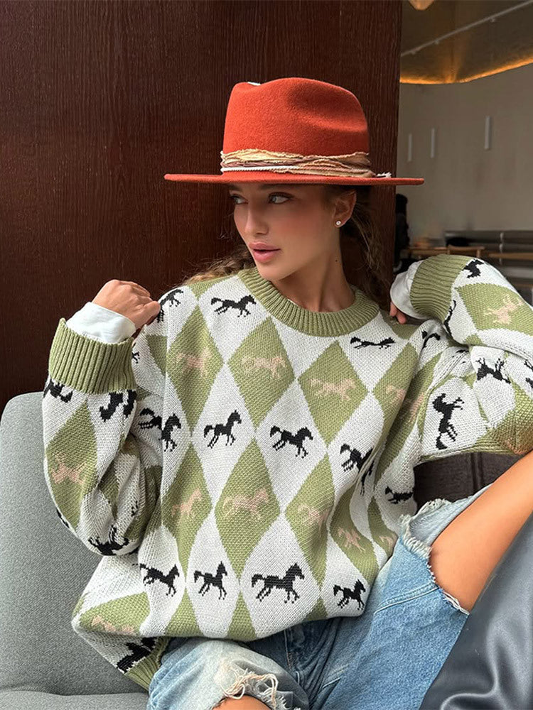 Damen Oversize Strickpullover mit Argyle-Muster und Pferde-Motiv Nord Taschen