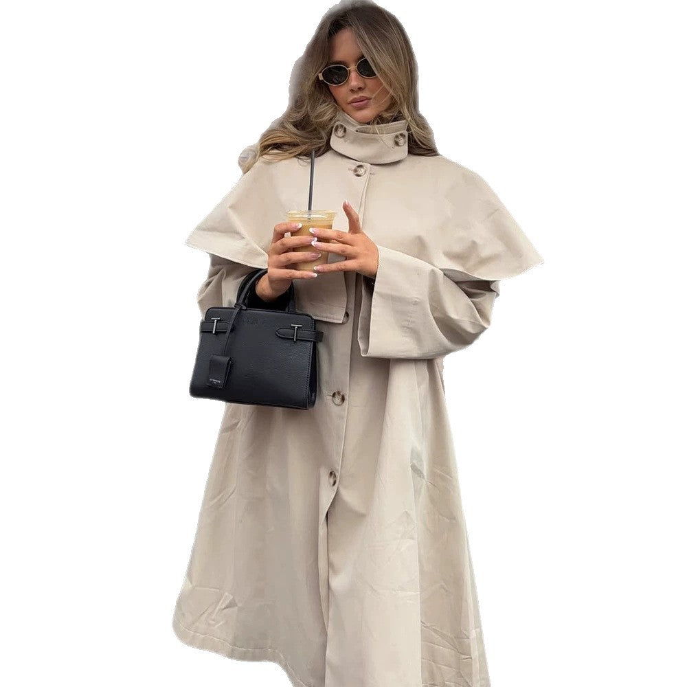 Damen Oversize-Trenchcoat mit Cape-Detail und hohem Stehkragen Nord Taschen