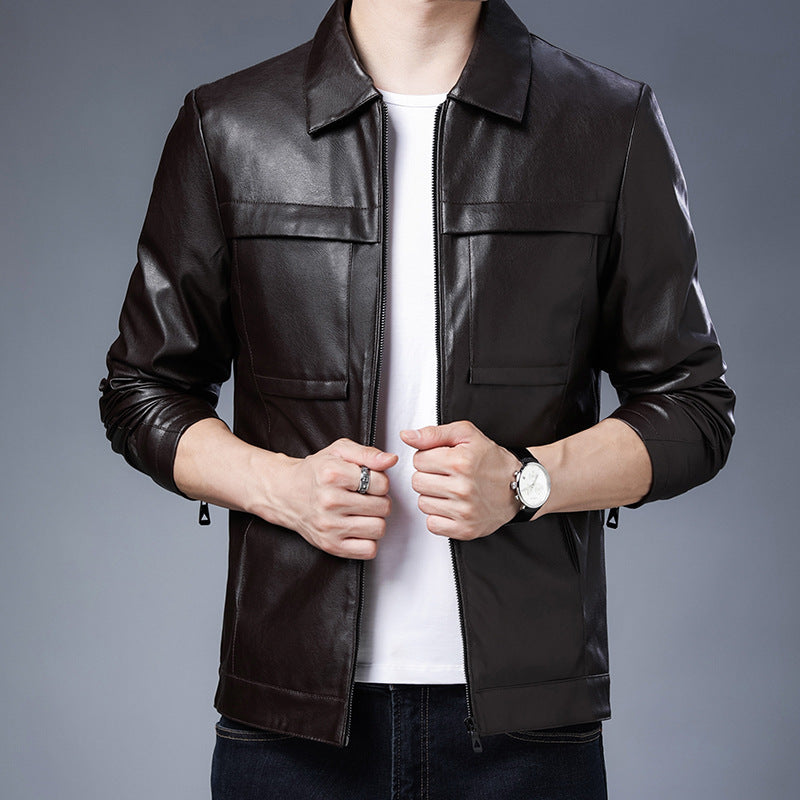 Herren minimalistisches Kunstleder-Zipblouson mit Hemdkragen und Pattentaschen Nord Taschen