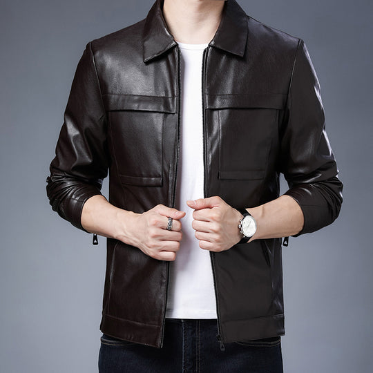 Herren minimalistisches Kunstleder-Zipblouson mit Hemdkragen und Pattentaschen Nord Taschen