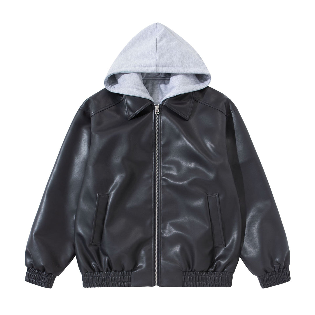 Herren Boxy-Lederblouson mit angenähter Jersey-Kapuze und geripptem Saum Nord Taschen