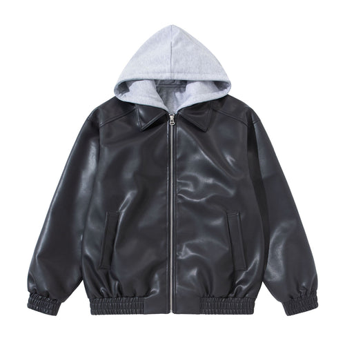 Herren Boxy-Lederblouson mit angenähter Jersey-Kapuze und geripptem Saum Nord Taschen