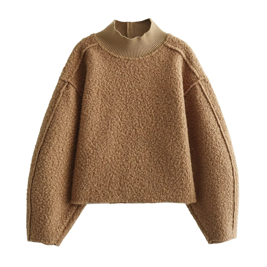 Damen Oversize Cropped Pullover mit Stehkragen und Ballonärmeln Nord Taschen