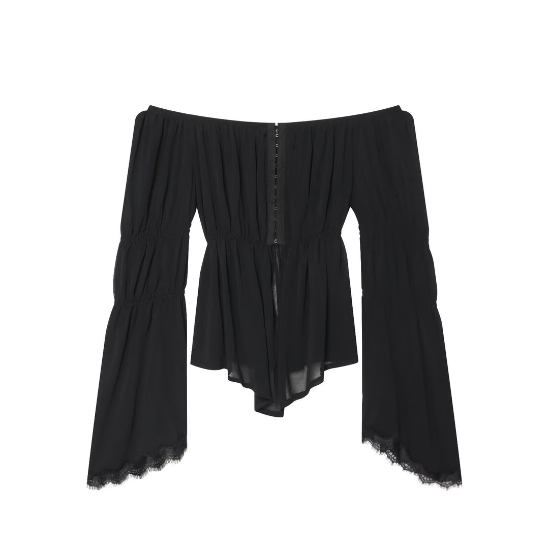 Damen Schulterfreies Chiffon-Top mit Carmen-Ausschnitt, geraffter Taille und voluminösen Volantärmeln Nord Taschen