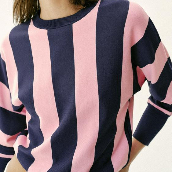 Damen Oversized Strickpullover mit breiten Streifen, Rundhalsausschnitt und verlängerten Rippärmeln Nord Taschen