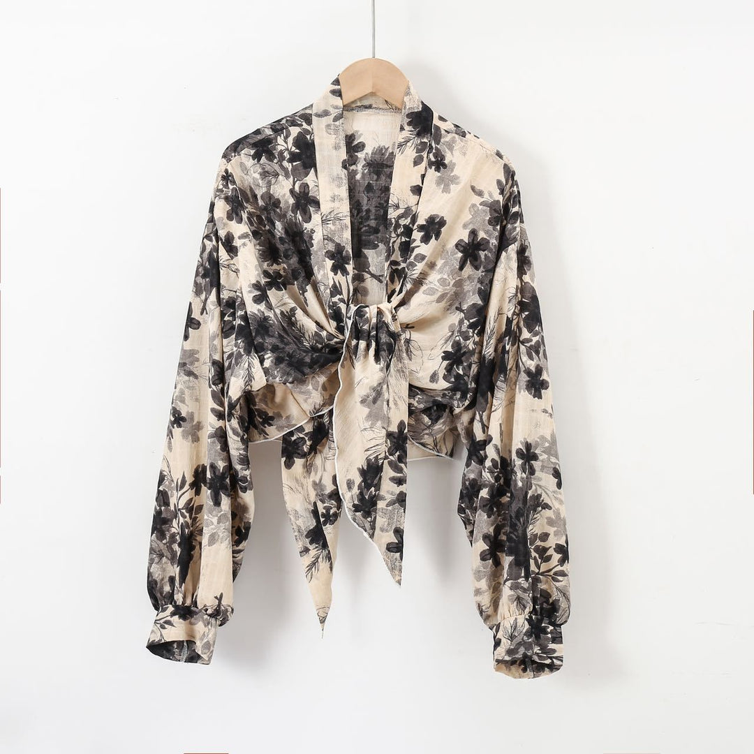 Damen nan florale Knoten-Bluse im Wickelstil mit Ballonärmeln und leichter Leinenoptik