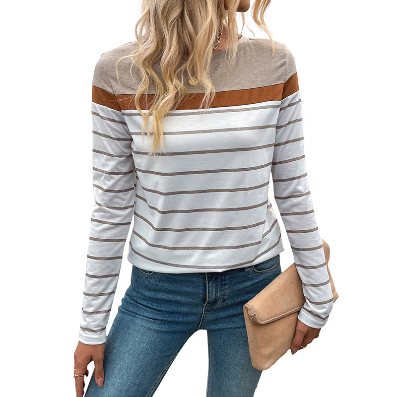 Damen Gestreiftes Langarmshirt mit U-Boot-Ausschnitt und Farbblock-Schulter Nord Taschen