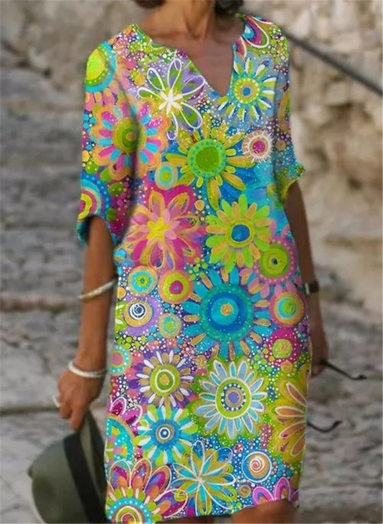 Damen lässiges Freizeitkleid mit floralen Mustern und V-Ausschnitt Nord Taschen