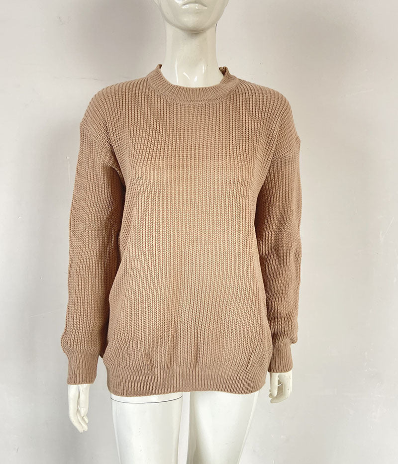Damen Oversize Strickpullover mit Rundhalsausschnitt und gerippten Bündchen Drune