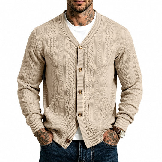 Herren strukturierter Strickcardigan mit Zopfmuster, V-Ausschnitt und aufgesetzten Taschen Nord Taschen
