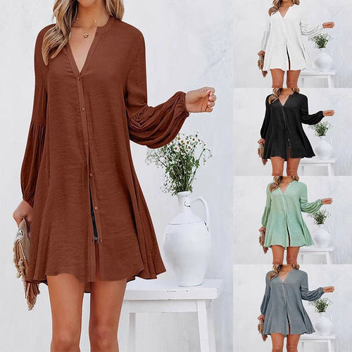 Damen Lässige Bluse mit Ballonärmeln und durchgehender Knopfleiste