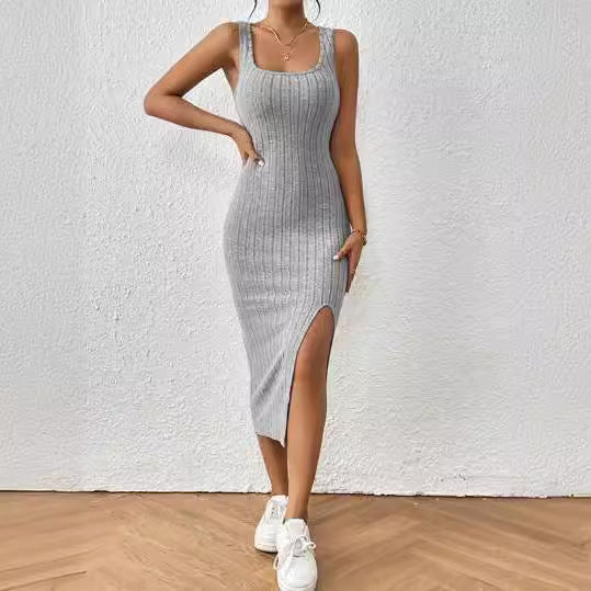 Damen figurbetontes Maxikleid mit hohem Schlitz und dekorativem Rippenmuster