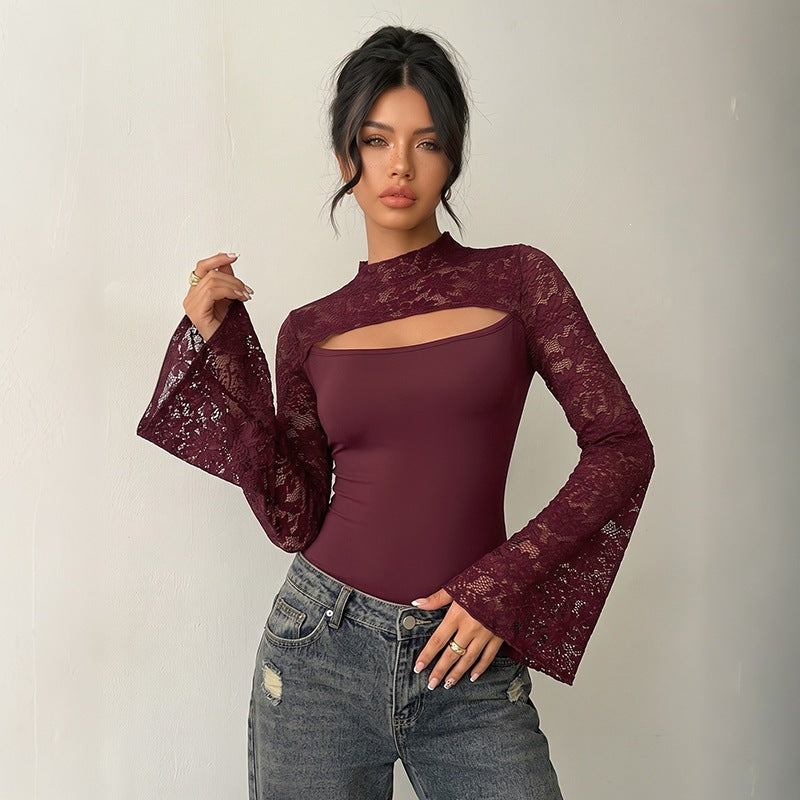 Damen Spitzen-Bodysuit mit Cut-Out, Carmen‑Optik und ausgestellten Trompetenärmeln Nord Taschen