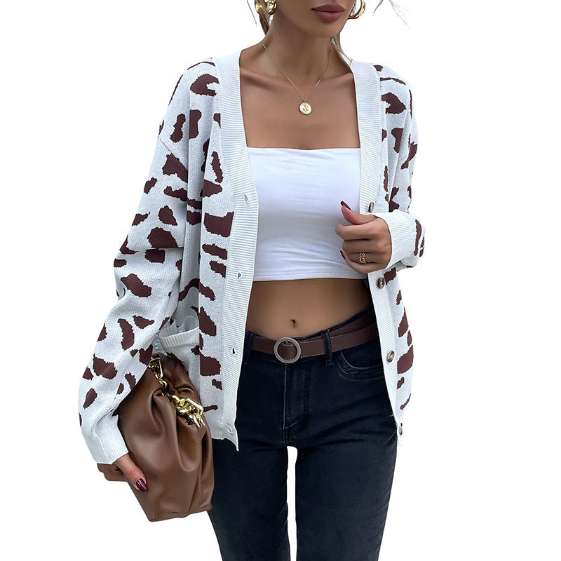 Damen Feinstrick-Cardigan mit kastiger Passform, V‑Ausschnitt und Animal-Jacquard Nord Taschen