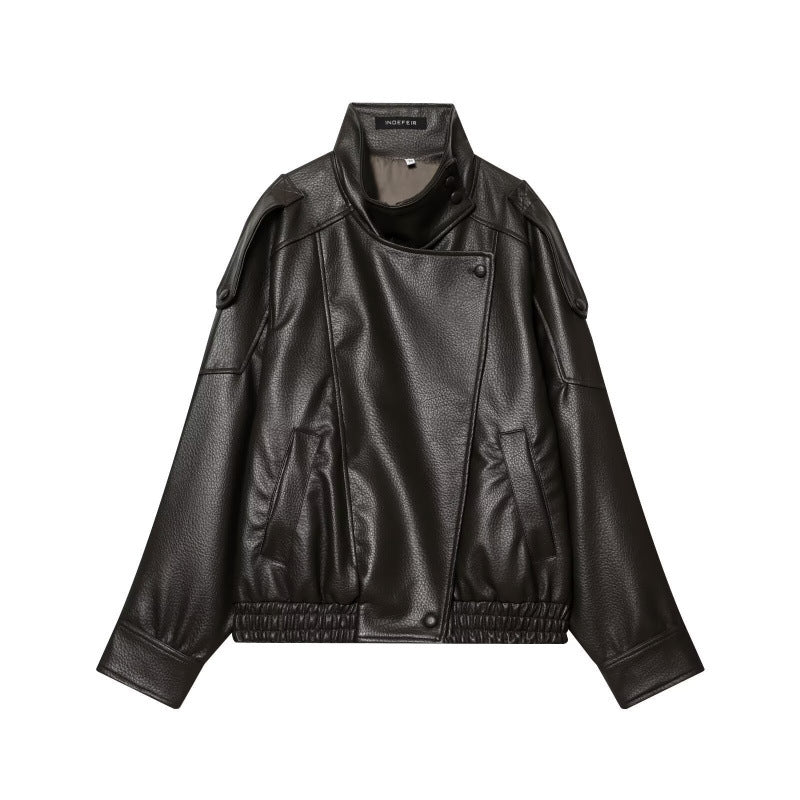 Damen Cropped Kunstleder‑Bomber mit asymmetrischer Druckknopfblende und Funnelkragen Nord Taschen