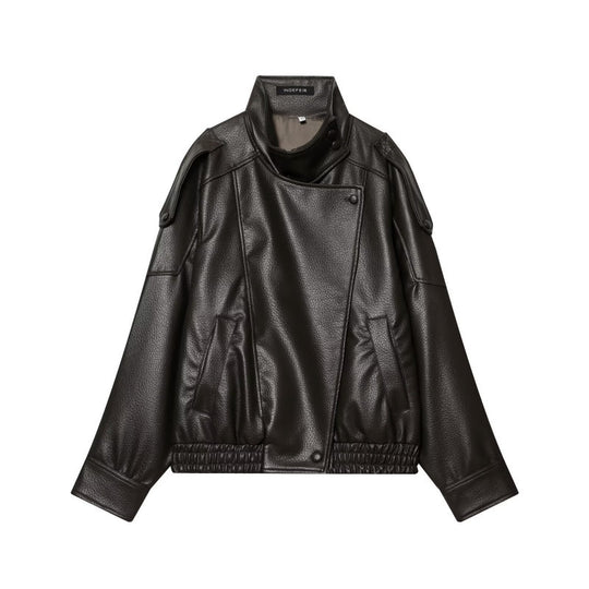 Damen Cropped Kunstleder‑Bomber mit asymmetrischer Druckknopfblende und Funnelkragen Nord Taschen