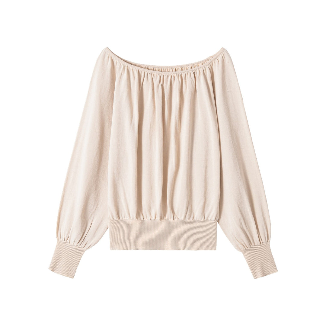 Damen Schulterfreier Strickpullover mit Ballonärmeln und breitem Rippbund Nord Taschen