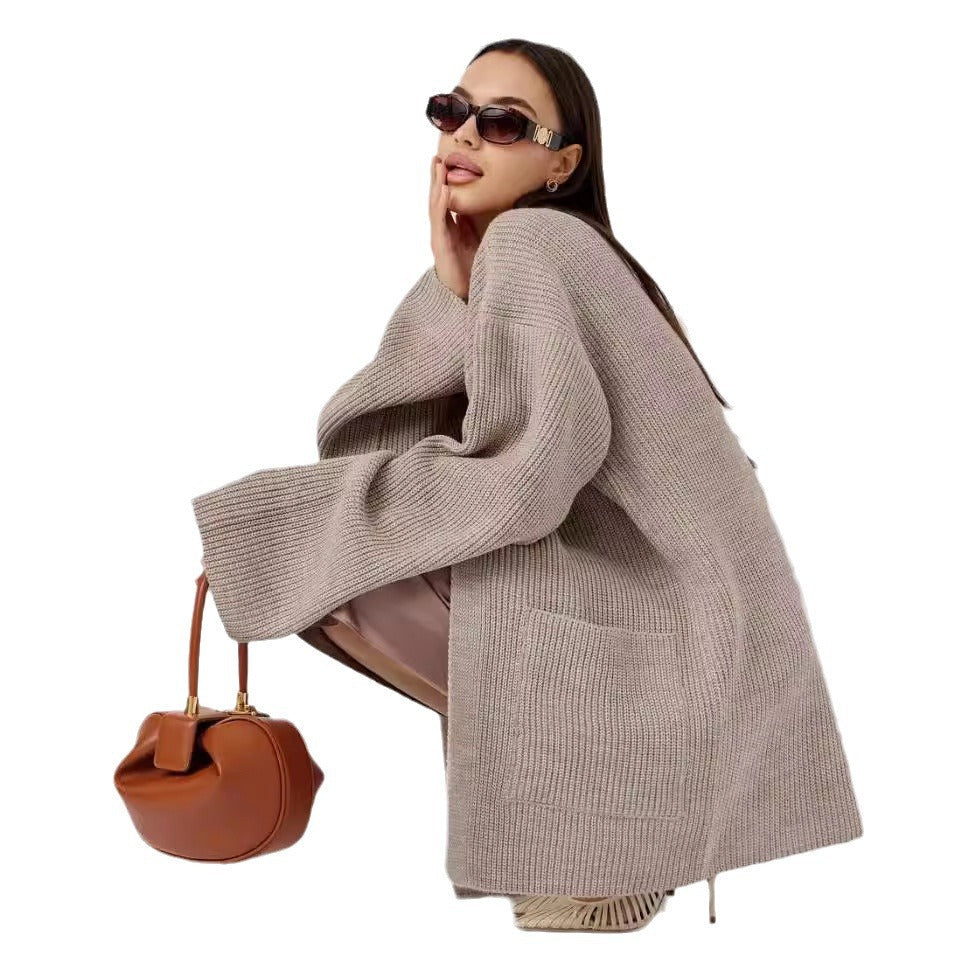 Damen kuscheliger langer Strickcardigan mit weiten Ärmeln und praktischen Taschen Nord Taschen