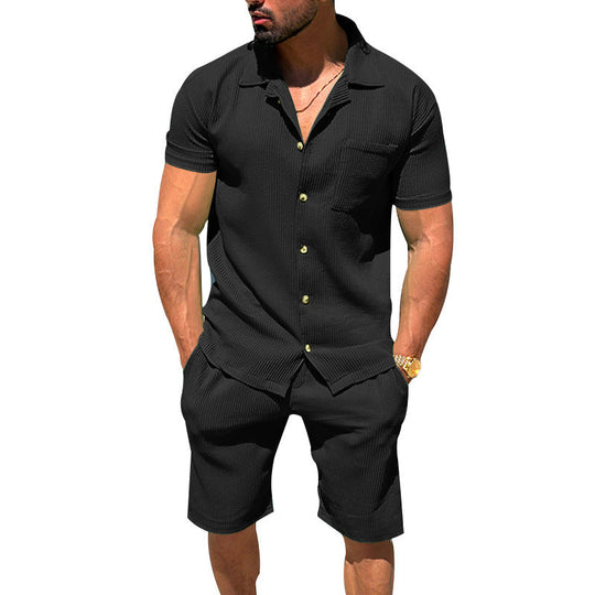 Herren nan lässiges zweiteiliges Freizeitset aus geripptem Jersey mit Hemdkragen Knopfleiste und Shorts
