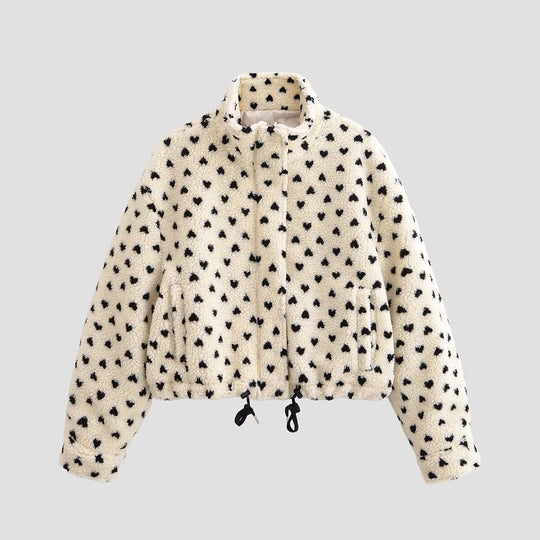 Damen Teddyjacke mit Herz-Allover, kurzer Boxy‑Schnitt, Stehkragen und Tunnelzug Nord Taschen