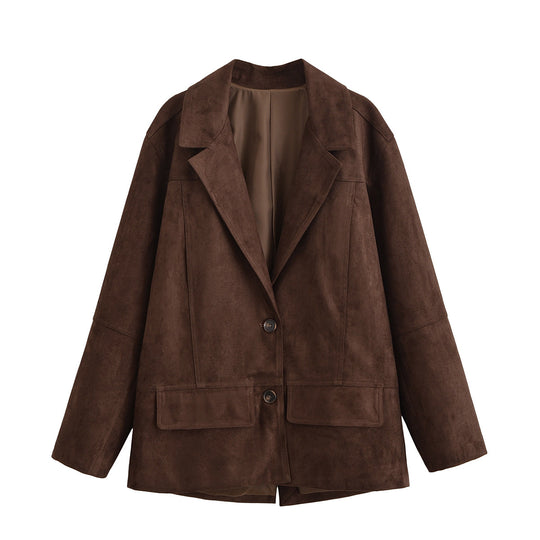 Damen Oversize Wildlederoptik-Blazerjacke mit Reverskragen und Pattentaschen Nord Taschen