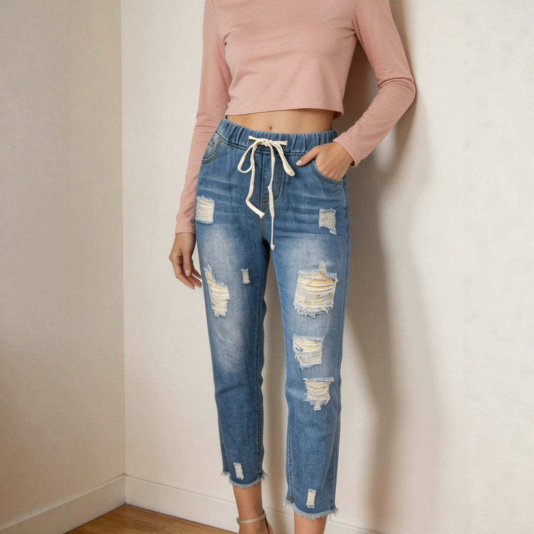 Damen lockere Destroyed-Denim Jogger mit elastischem Kordelbund und ausgefranstem Knöchelabschluss Nord Taschen