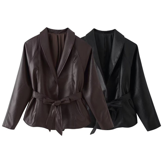 Damen Taillierter Bindegürtel-Lederblazer mit Schalkragen Nord Taschen