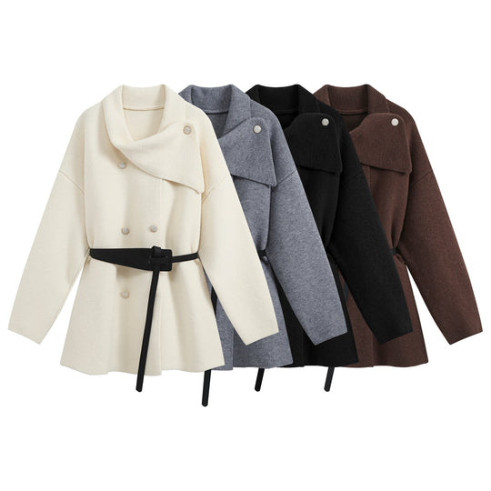 Damen Kurzer Blouson‑Mantel im Cocoon‑Schnitt mit asymmetrischem Schalkragen und Taillengürtel Nord Taschen