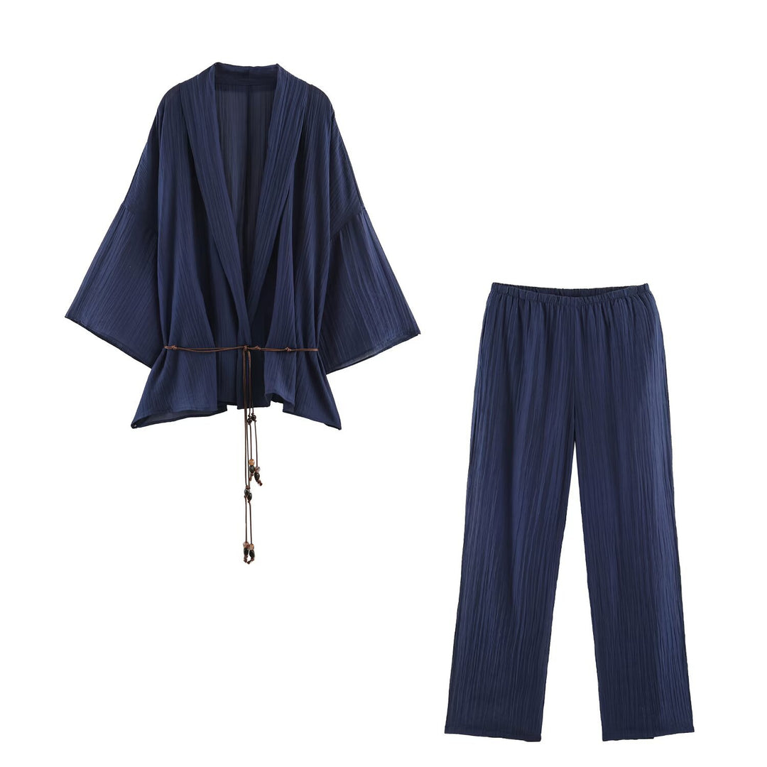 Damen Plissierter Oversize-Kimono mit Hüftkordel und Trompetenärmeln Nord Taschen