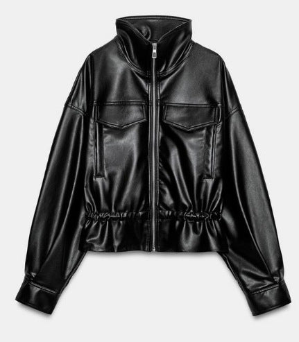 Damen Glänzende Cropped‑Kunstlederjacke im Blousonstil mit Stehkragen und Tunnelzugbund Nord Taschen